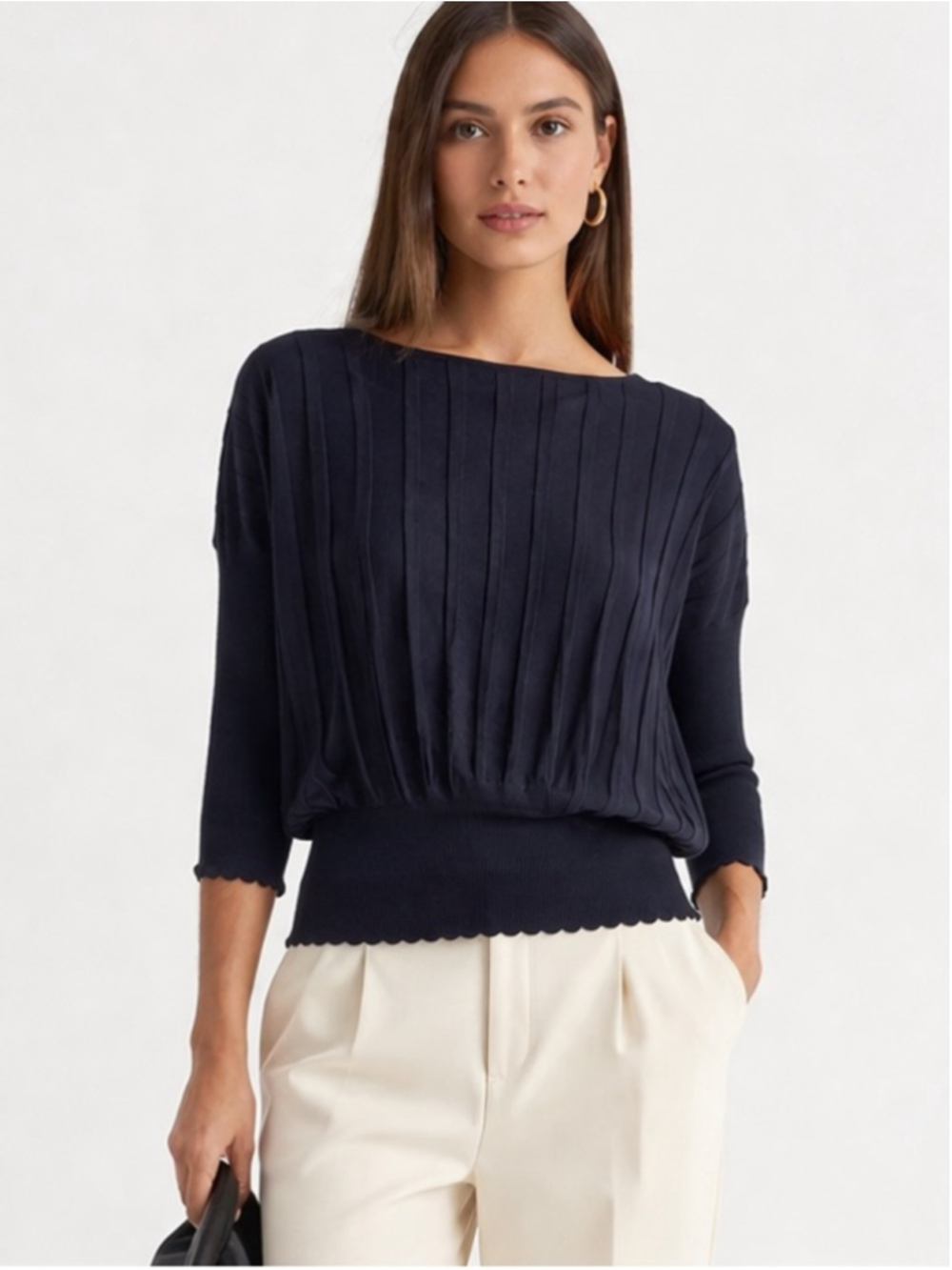 Agnona Silk Blend Pleated Knit Top Navy Medium Italy